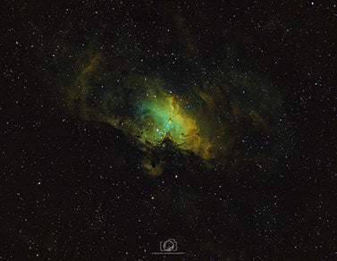 An awe-inspiring image of the Eagle Nebula, a magnificent cosmic cloud of gas and dust situated in the Serpens constellation. The nebula showcases brilliant hues of red, orange, and blue, with towering pillars of interstellar material resembling celestial 